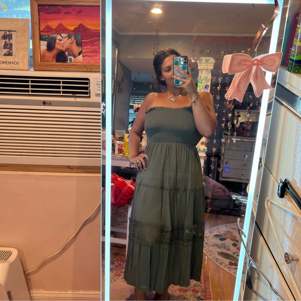 Strapless Smocked Maxi Dress in Olive Green